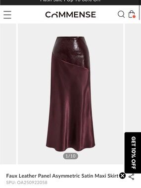 Commense Burgundy Faux Leather-Panel Asymmetric Satin Maxi Skirt